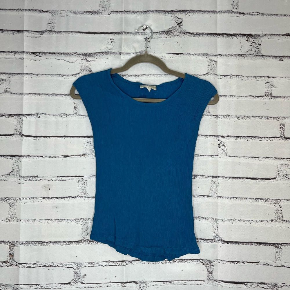 Derek Scott Fitted Blue Teal Blouse SZ S Flowy Ribbed Crew Casual Minimalist Y2K